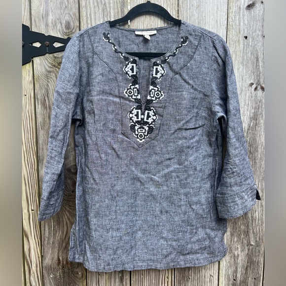 JM COLLECTION Lagenlook Embroidered Gray Linen V Neck Tunic Top Women’s 8 - Picture 2 of 9